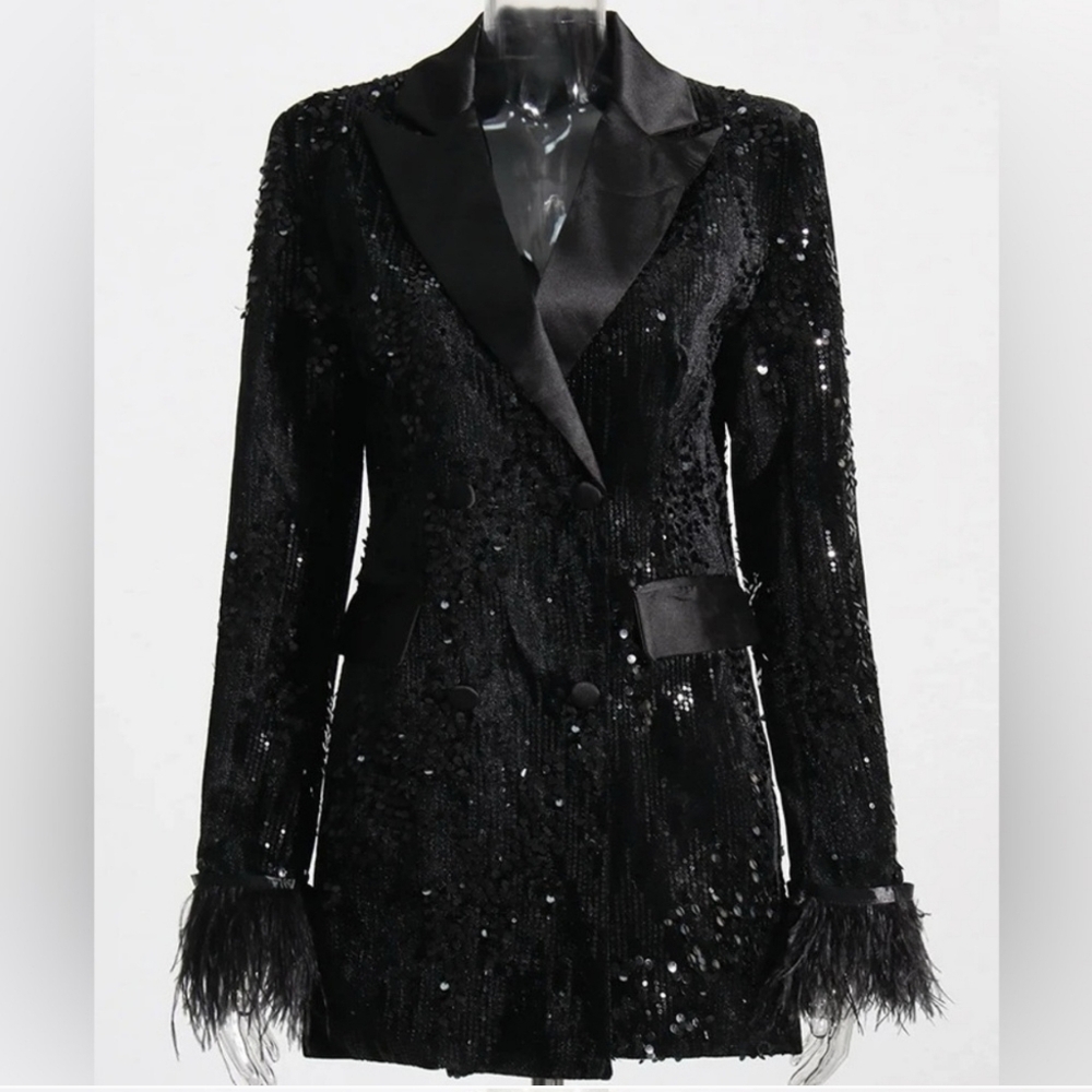 LUXURY SEQUIN SATIN VELVET FEATHER BUTTON CUFF BLAZER - Picture 2 of 9